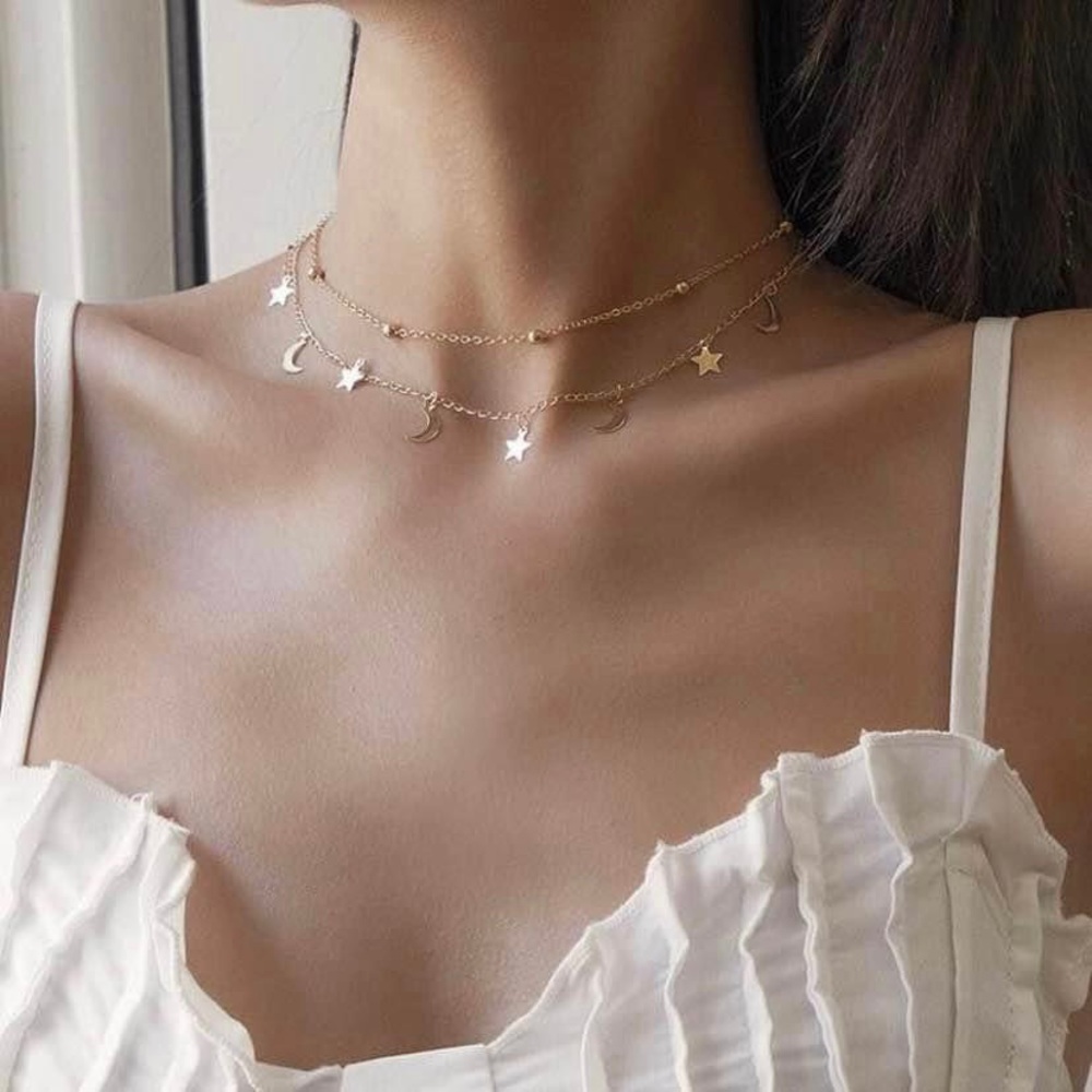 18K Gold Plated Moon Star Charm Necklace Layering Chain Choker for Women - Picture 2 of 4